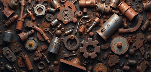 Rusty metal parts, scrap heap. Pile of corroded machinery, junk. Industrial waste with old gears, bolts, dirty mechanical components. Heap of metallic rubbish, industrial trash. Old metal pieces for
