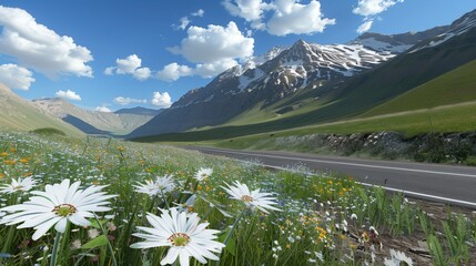 Sunny day scene with a road winding through a flower-filled meadow towards snow-capped mountains