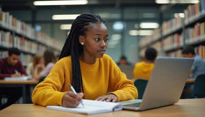 Young black woman studies in university library, types on laptop, writes notes. Other students learn and work around her. Diverse group focused on education and assignments at college desks.