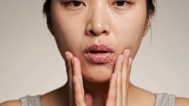 Woman Touching Cracked Lips in a Sequence of Photos, Showing Dryness and Skincare