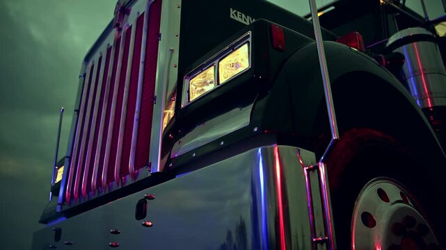 Semi Truck Parked at Night Under Cloudy Sky