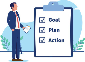 Businessman strategy - Man person in business standing with clipboard and checklist making plan for company development and success. Flat design vector illustration on white background