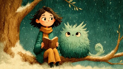 Whimsical Winter Illustration of a Girl Reading with a Cute Fluffy Forest Creature on a Snowy Tree