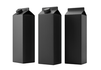 three identical matte black aseptic beverage cartons in staggered view, isolated on brilliant white studio background with soft shadows, focus on geometric precision. concept of minimalist packaging
