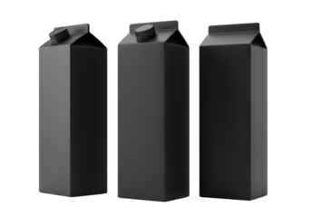 three identical matte black aseptic beverage cartons in staggered view, isolated on brilliant white studio background with soft shadows, focus on geometric precision. concept of minimalist packaging