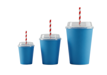 Three hyperdetailed cerulean blue paper soda cups (small, medium, large) with white dome lids and striped straws on a reflective white studio background. Concept for fast-food packaging