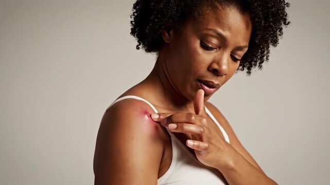 Woman Visually Evaluates Skin Irritation on Shoulder, Expressing Discomfort and Concern