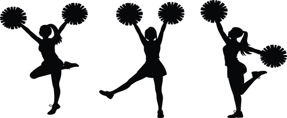 Cheerleader silhouette vector set, dancing girl with pom-poms, sport team mascot, rhythmic gym performance icon