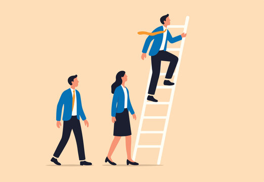 Climbing corporate ladder, job promotion or career growth, ladder of success, opportunity or challenge to grow career, businessman woman employee line up to climb corporate career ladder of success.