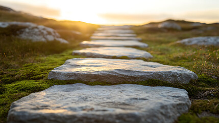 Stone steps leading to a bright horizon invite exploration. Moss-covered ground adds natural beauty, setting a tranquil scene for adventure. The path to enlightenment!