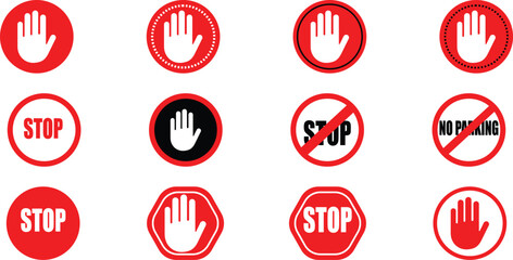 Collection of Stop Signs and Warning Hand Symbols, isolated on transparent background