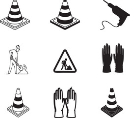Construction Tools and Worker Icons Set, isolated on transparent background