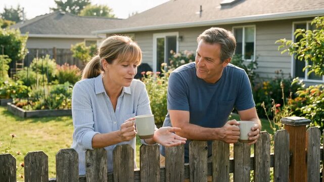 Friendly mature caucasian man and woman enjoying a pleasant conversation and drinking coffee over a rustic wooden fence in a sunny suburban backyard, fostering a strong sense of community