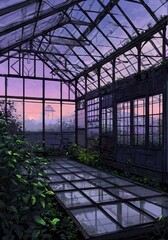 Old Greenhouse Overlaid Subtle Neon Circuitry Veins Glass Panels