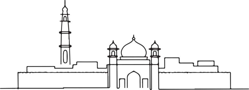 Continuous Line Art of Lahore Skyline with Walled City Rooftops Minimal Outline Illustration
