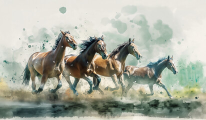 Running  horses watercolor painting illustration