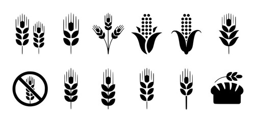 Black and White Wheat Corn Cob and Grain Set with Prohibition Symbol