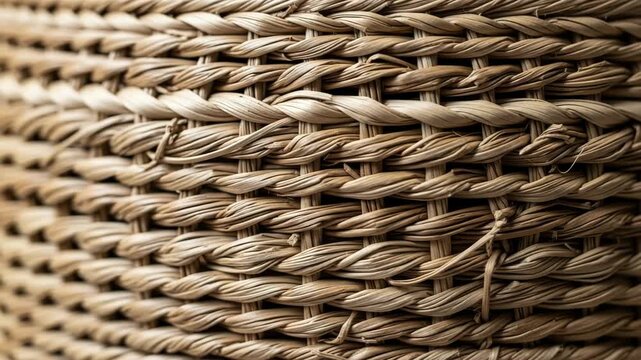 Closeup of a woven basket with a natural fiber texture and earthy tones on a white background, 4k video
