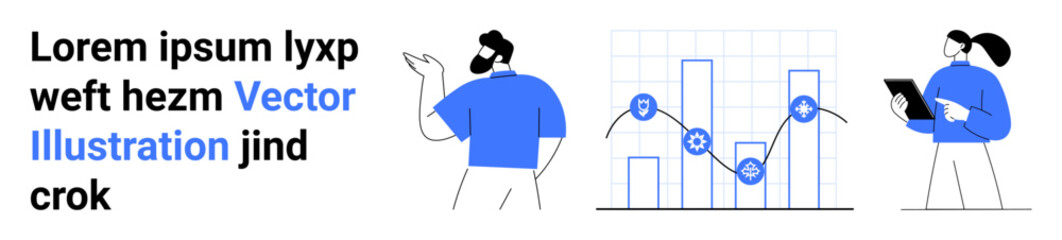 Data visualization, teamwork, analytics, growth tracking, business communication, workflow. Two team members beside a graph with data points. Data visualization and teamwork concept