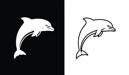 A striking visual comparison showcases a white dolphin silhouette against a black background and a line drawing of a dolphin on white high quality professional © rsvect02