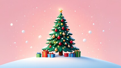 Obraz premium Magical christmas tree on snowy hill with pink sky and snowflakes
