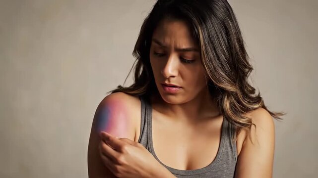 Woman Visually Expressing Pain and Discomfort in Shoulder, Suffering from Injury