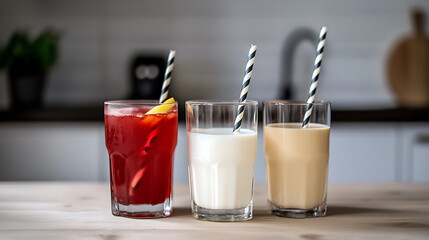 Three refreshing beverages in clear glasses sit on a wooden table. A red drink with a lemon wedge, white milk, and a tan-colored drink are styled with striped straws.
