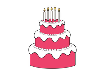 Three tier pink birthday cake with white frosting and candles