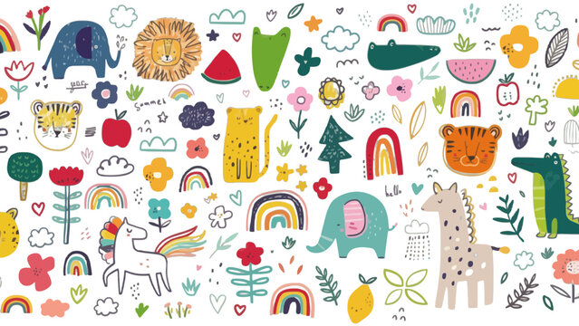 Cute jungle animals, rainbows, and nature doodles seamless pattern for kids