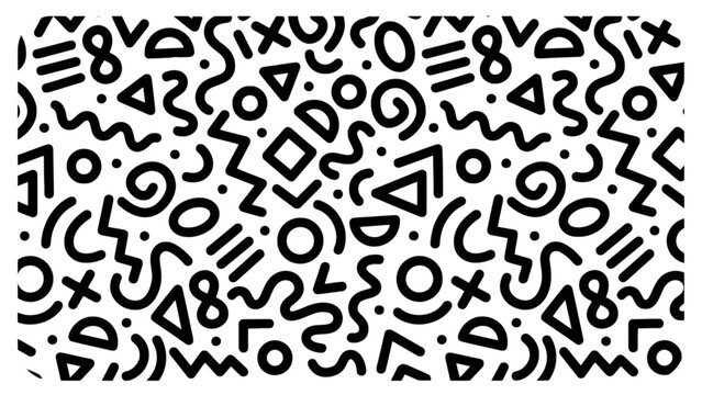 A retro seamless black and white pattern with memphis style abstract geometric shapes and doodles