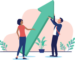Businesspeople and arrow pointing up - Two people lifting and assisting in company and business growth. Company improvement, progress and profits concept in flat design vector illustration
