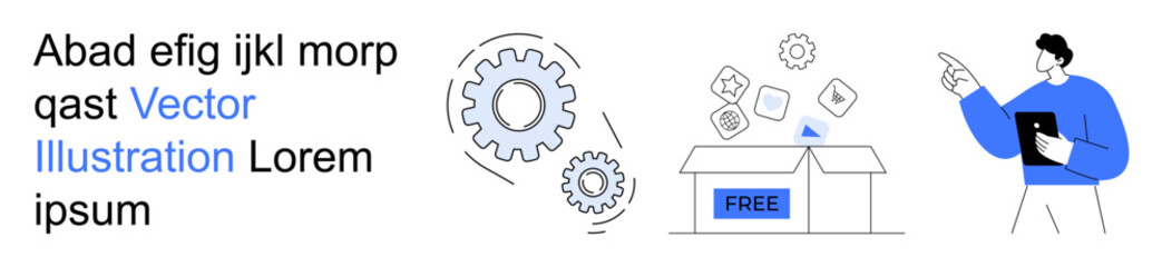 Fototapeta premium Business processes, teamwork, e-commerce, free trials, technical support, user experience. Gears, box marked free person holding tablet. Business processes and e-commerce concept