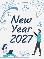 Naklejka premium “New Year 2027 — Blue Leaf‑Swirl Decorative Illustration with Characters, Laptop & Modern Minimal Festive Design”