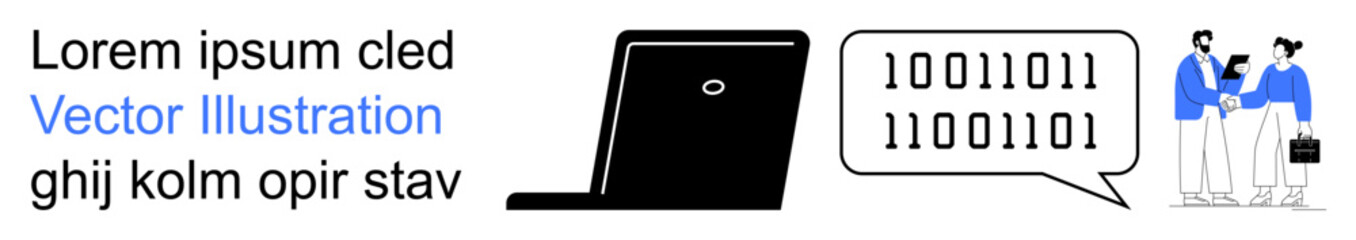 Technology, coding, teamwork, online communication, collaboration, digital solutions. Black laptop, speech bubble with binary code two people discussing. Technology and coding