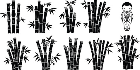 Black Silhouette Set of Bamboo Stalks and Leaves with a Small Traditional Japanese Figure, Illustrating Oriental Culture, Nature, Zen, and East Asian Design Elements