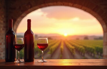 Obraz premium Red wine bottles and glasses rest on a wooden table. Vineyard rows stretch towards a sunset horizon. Archway frames view of grape fields under warm sky.
