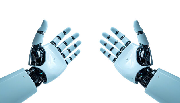 Two metallic robotic hands, palms up, with fingers outstretched against a black backdrop