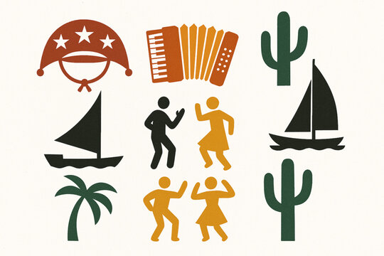 Northeastern Brazil culture vector icon set with cangaceiro hat forr&oacute; accordion cactus jangada and coco dance