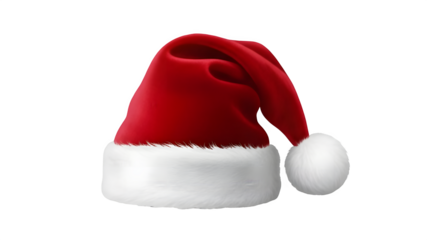 Festive red santa hat with white trim isolated on transparent background