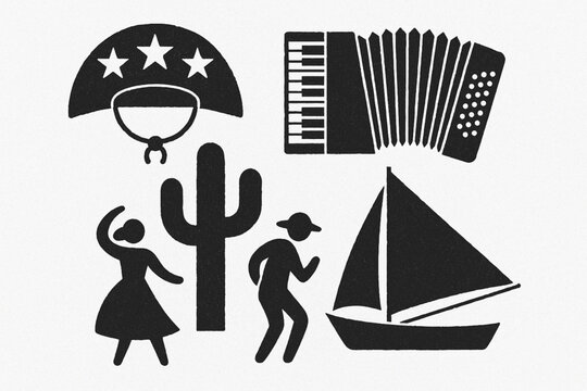 Northeastern Brazil culture vector icon set with cangaceiro hat forr&oacute; accordion cactus jangada and coco dance