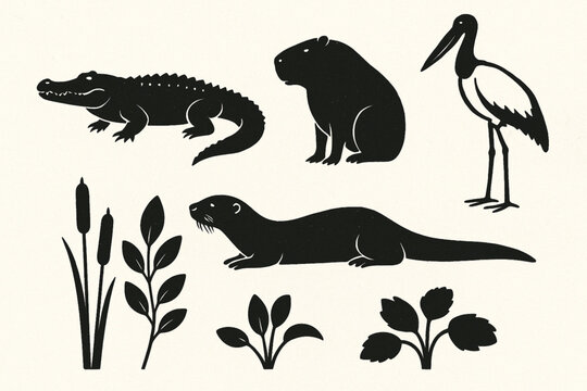 Pantanal wildlife vector icon set with caiman capybara jabiru stork giant otter and swamp plants
