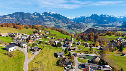 The village of Gurtis with snow by Nenzing, Walgau Valley, State of Vorarlberg, Austria, Drone Photography