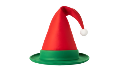 Traditional red and green elf hat with bell isolated on transparent background