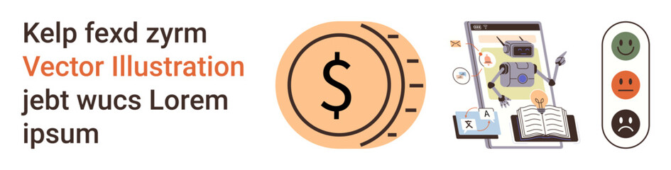 Financial technology, online education, automation tools, customer feedback, artificial intelligence, digital platforms. Robot assisting finances on a screen with feedback and book visuals. Financial