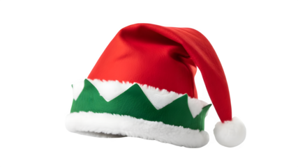 Festive elf hat with white trim isolated on transparent background