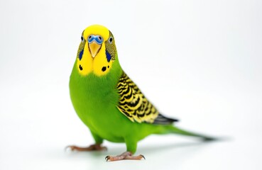 Green budgerigar parakeet bird stands on white studio background. Cute small pet with yellow head looks at camera. Feathered animal poses for photo, side profile.