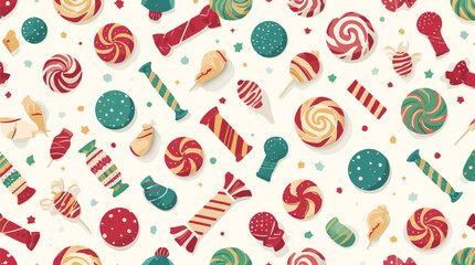 Vector illustration of Christmas candy and a giftbox on a flat design background, featuring colorful and stylized elements, with bold lines and geometric