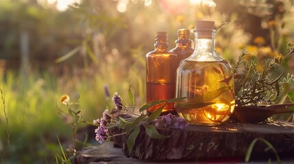 Three amber glass bottles with natural oil, plants and wooden surface, sunlit outdoor scene