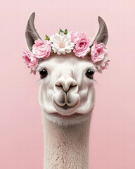 Fototapeta premium Cute llama wearing pink flower crown smiling on pastel background, whimsical portrait, soft natural light