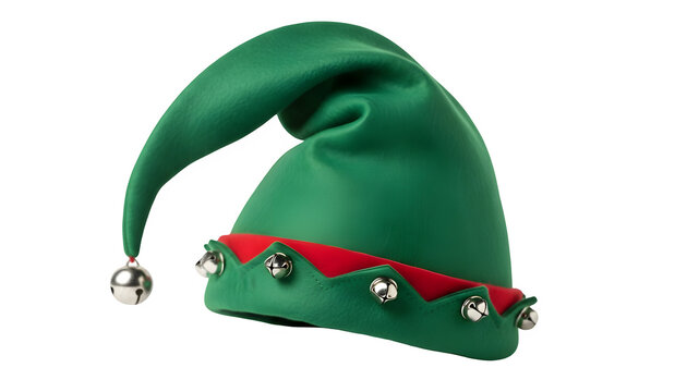 Festive green elf hat with bells isolated on transparent background